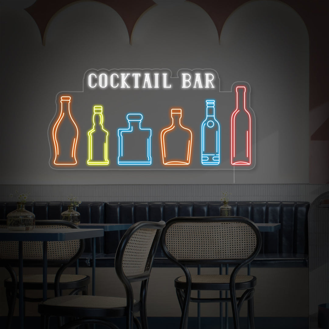 "Cocktail Bar Flasker Med Whisky, Vin, Tequila, Champagne, Cognac, Rom, Bourbon" Neonskilt