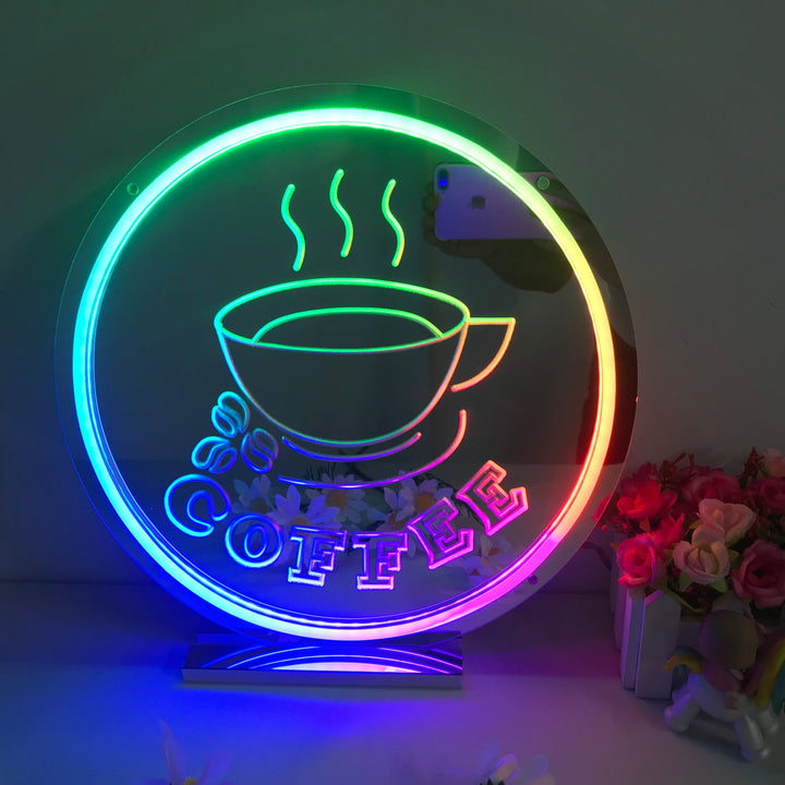 "Coffee, Varm Kaffe, Drømmende Fargeendring" Neonskilt med spejlbagside