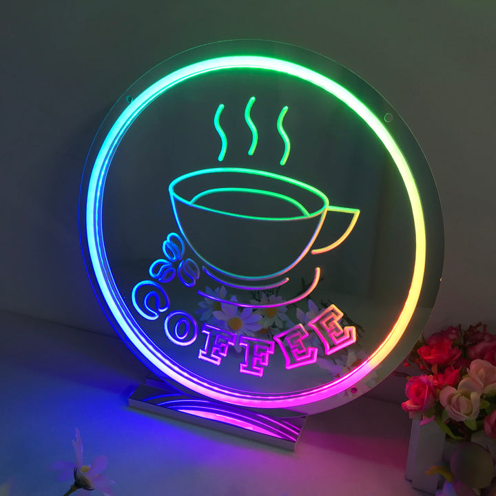"Coffee, Varm Kaffe, Drømmende Fargeendring" Neonskilt med spejlbagside