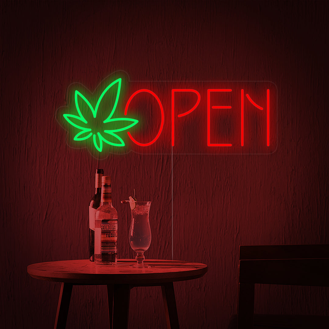 "open, dispensary, marihuana-blad" Neonskilt