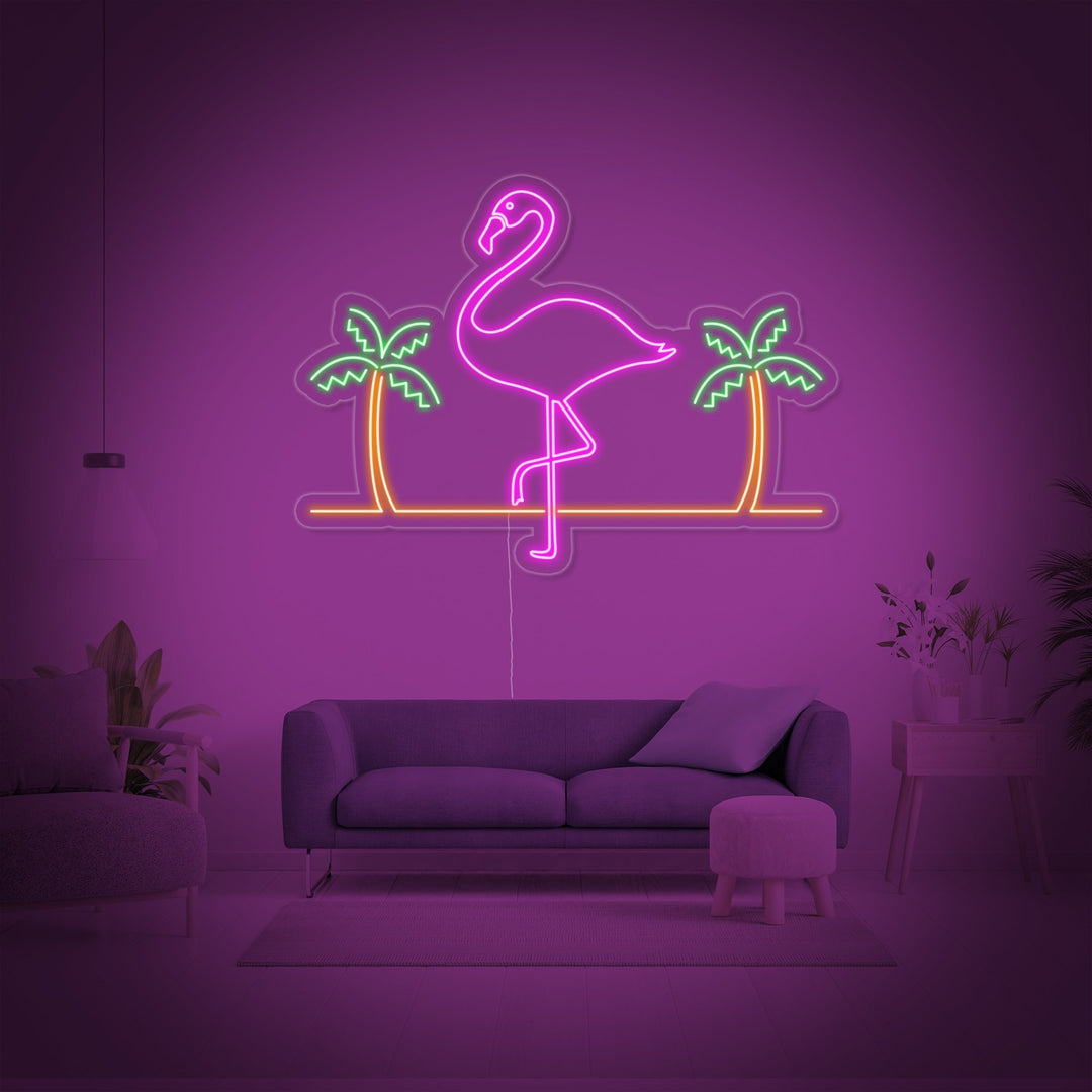 "Flamingo, Palmetræer, Bar" Neonskilt