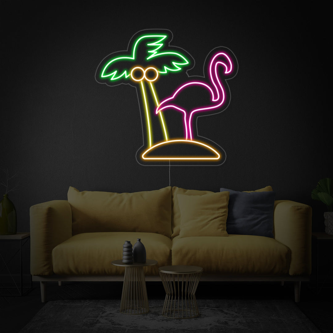 "Flamingo, Palmetræ, Strand" Neonskilt