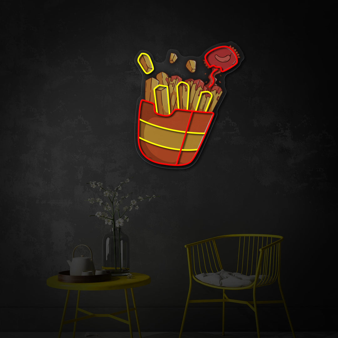 "Pommes frites med chilisauce, fastfood" UV-printet LED-neonskilt