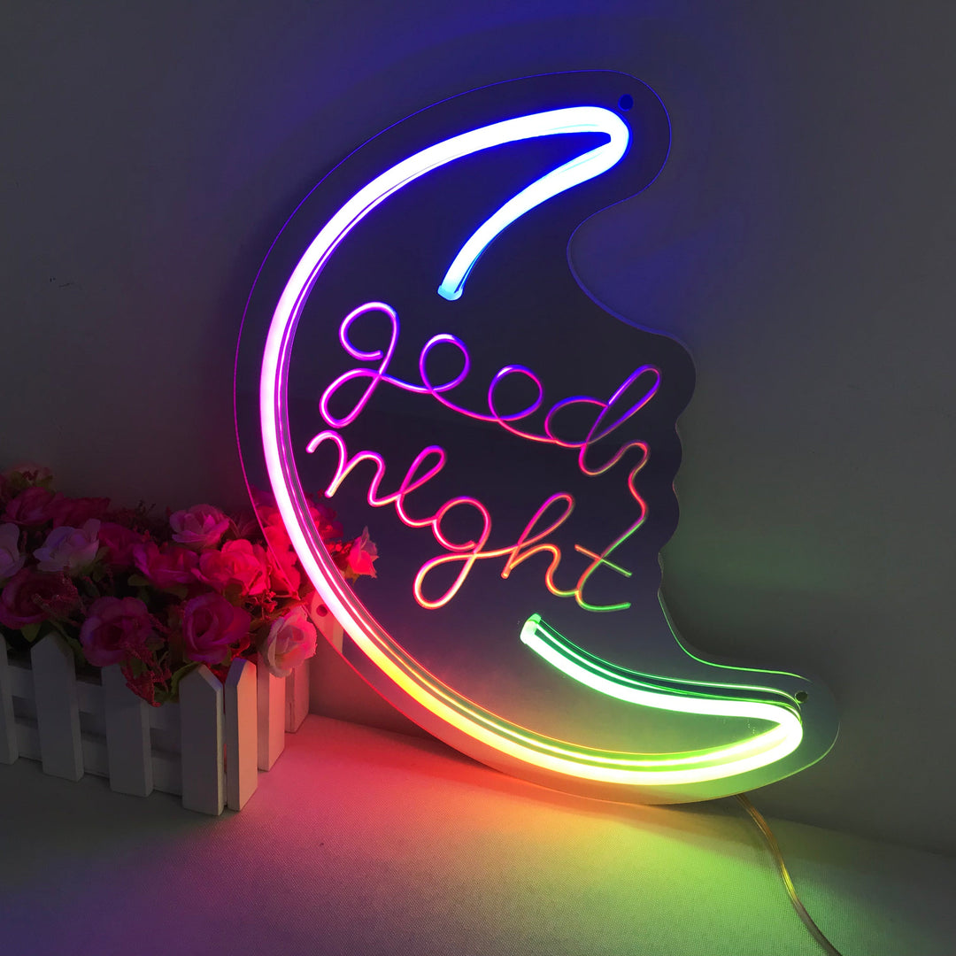 "Good Night, Drømmende Fargeendring" Neonskilt med spejlbagside
