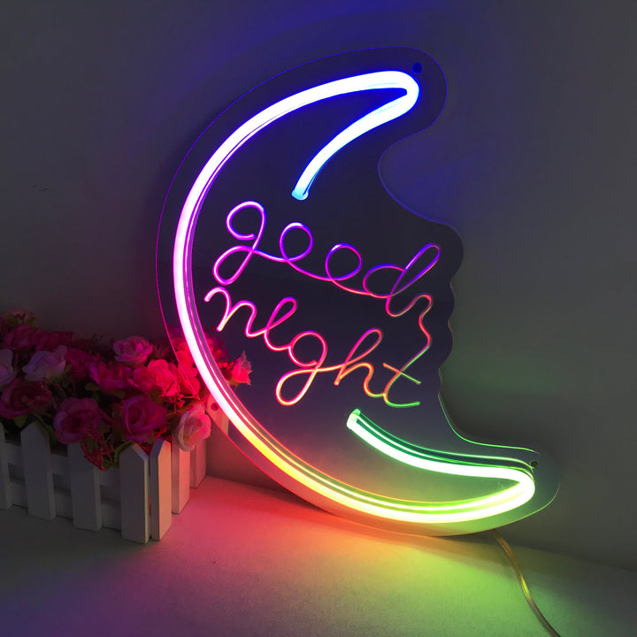 "Good Night, Drømmende Fargeendring" Neonskilt med spejlbagside