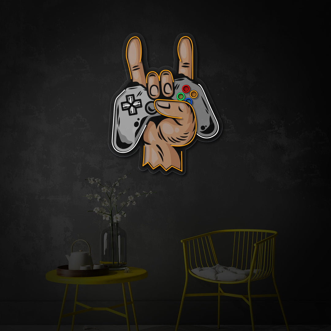 "Hånd med Gamepad Joystick spilcontroller" UV-printet LED-neonskilt