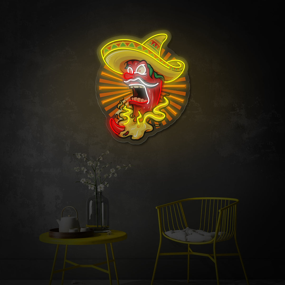 "Mexicansk Red Hot Chili Pepper Med Hat, Restaurant" UV-printet LED-neonskilt