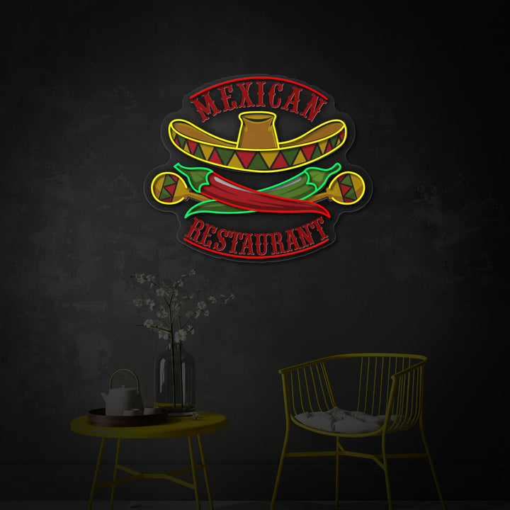 "Mexicansk Restaurant Sombrero Maracas Pepper" UV-printet LED-neonskilt