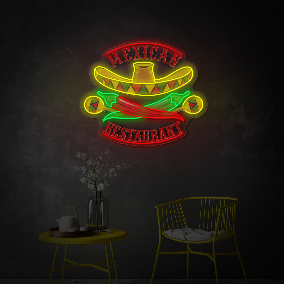 "Mexicansk Restaurant Sombrero Maracas Pepper" UV-printet LED-neonskilt