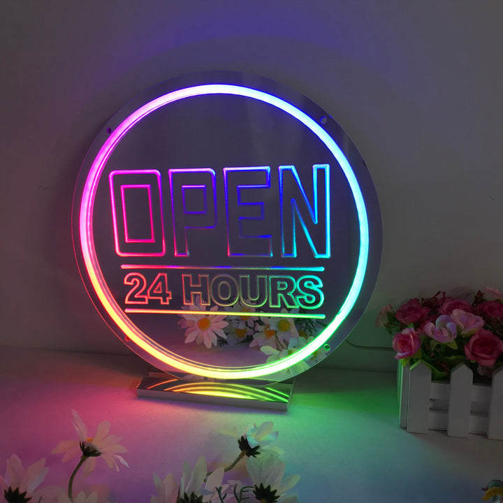 "Open 24 Hours, Drømmende Fargeendring" Neonskilt med spejlbagside