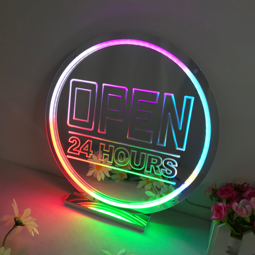 "Open 24 Hours, Drømmende Fargeendring" Neonskilt med spejlbagside