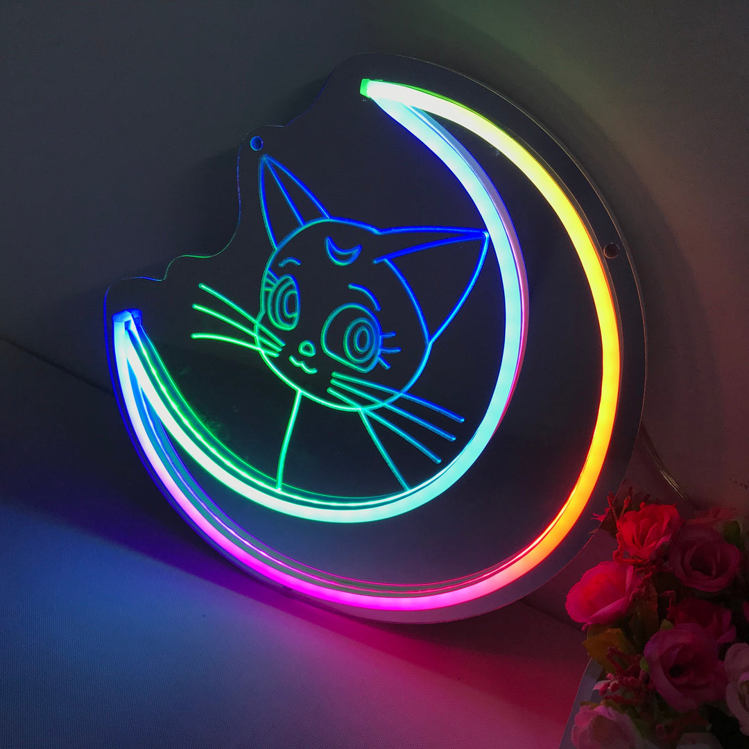 "Sailor Moon Luna, Anime, Drømmende Fargeendring" Neonskilt med spejlbagside