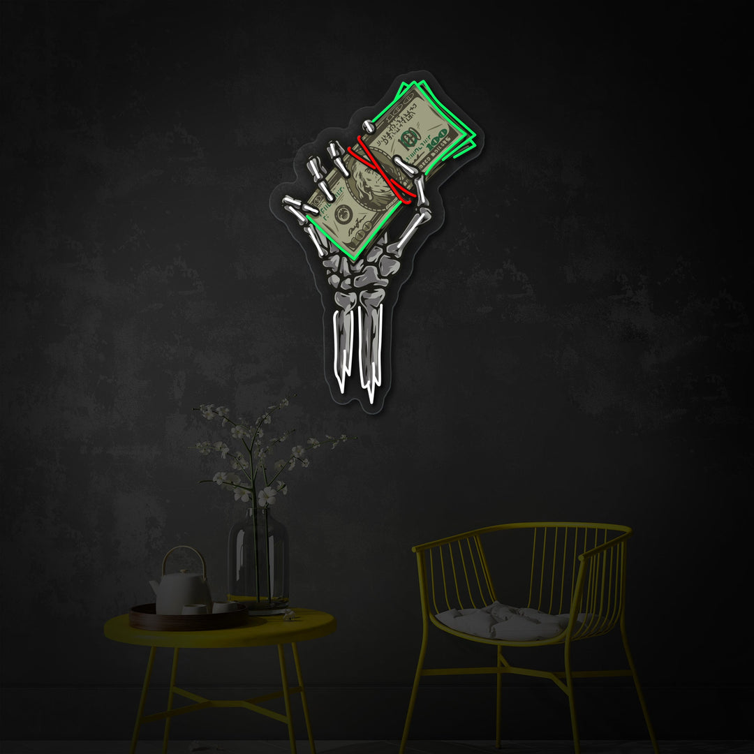 "Skeleton Hand Holding Dollar" UV-printet LED-neonskilt
