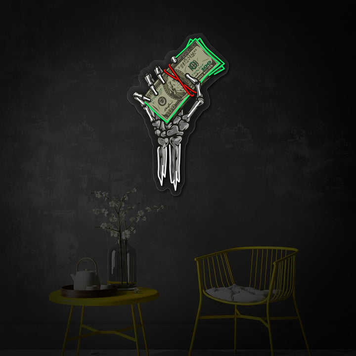 "Skeleton Hand Holding Dollar" UV-printet LED-neonskilt