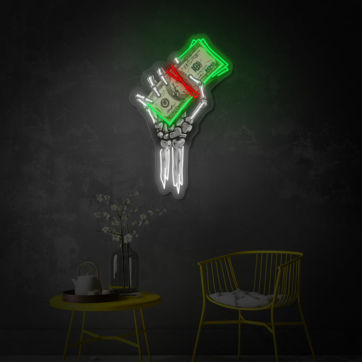 "Skeleton Hand Holding Dollar" UV-printet LED-neonskilt