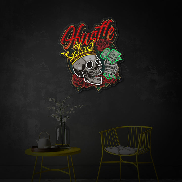 "Kraniet i kronroser skelet hånd holder dollarsedler" UV-printet LED-neonskilt