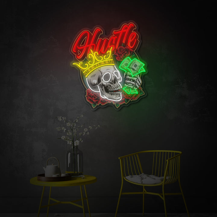 "Kraniet i kronroser skelet hånd holder dollarsedler" UV-printet LED-neonskilt
