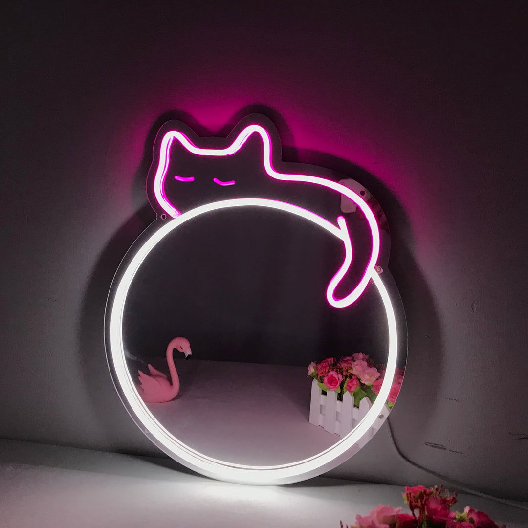 "Søvnig Kat, Tegneserie, Drømmende Fargeendring" Neonskilt med spejlbagside